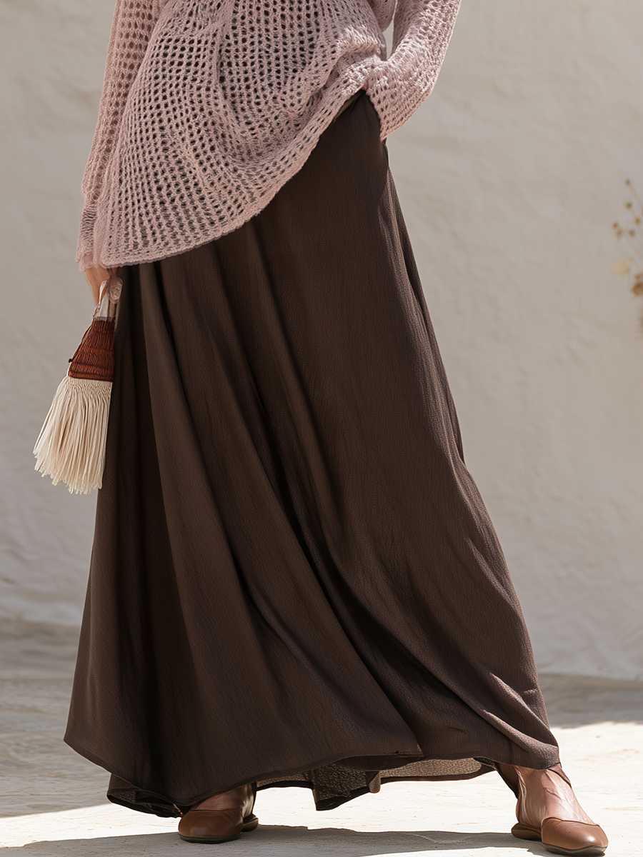 Dusty Pink Open Knit Crochet V Neck Sweater And Flowing Chocolate Brown Maxi Skirt Two Piece Set