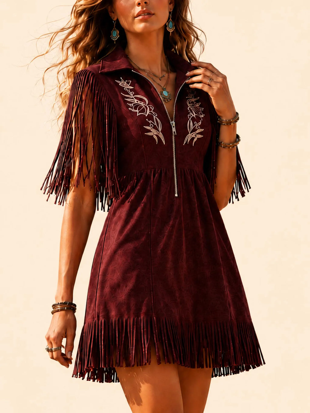 Ideal for 2026 Music Festivals Dress— Burgundy Vintage Embroidered Kinetic Fringe Suede-Feel Women's Slim-Fit Mini Dress