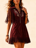 Ideal for 2026 Music Festivals Dress— Burgundy Vintage Embroidered Kinetic Fringe Suede-Feel Women's Slim-Fit Mini Dress