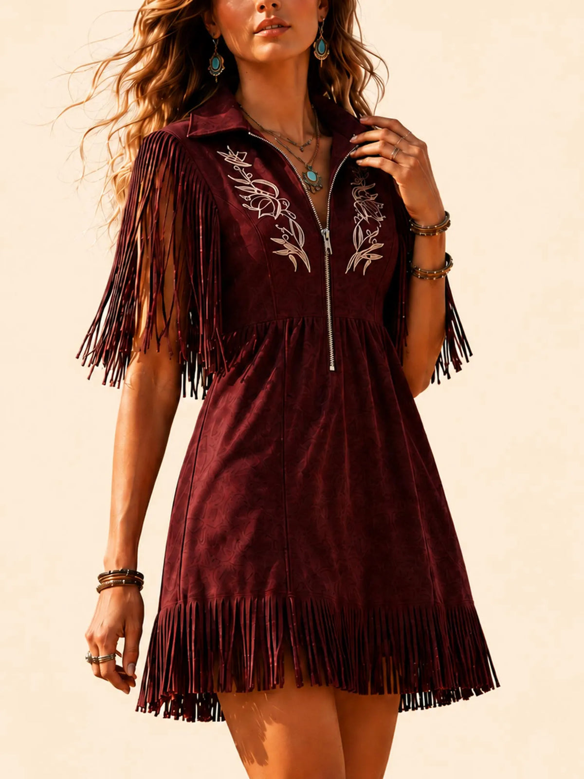 Ideal for 2026 Music Festivals Dress— Burgundy Vintage Embroidered Kinetic Fringe Suede-Feel Women's Slim-Fit Mini Dress