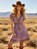 Women's Western Cowboy Boho Print V-Neck Short Dress With Leopard Pattern And Geometric Design