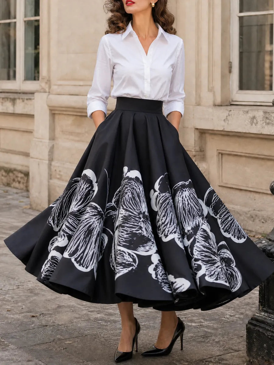 Retro Elegant Black Watercolor-Floral Print Maxi Skirt
