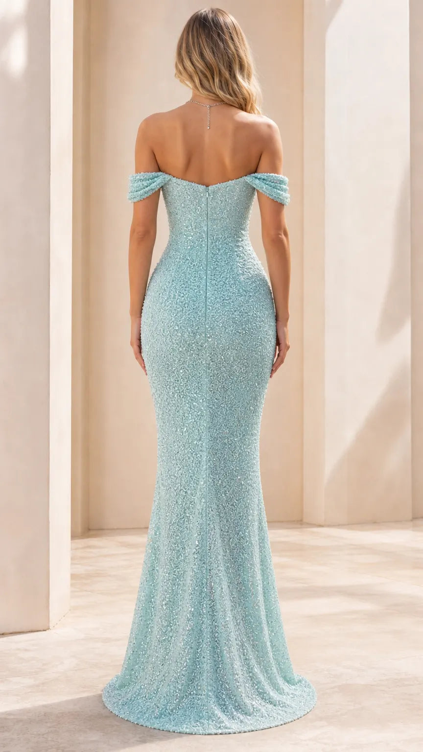 Off-the-Shoulder Sweetheart Ruched Sequin Evening Gown