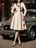 Vintage 1950s Cream Contrast Black Trim Asymmetric Button Long Sleeve Swing Midi Dress