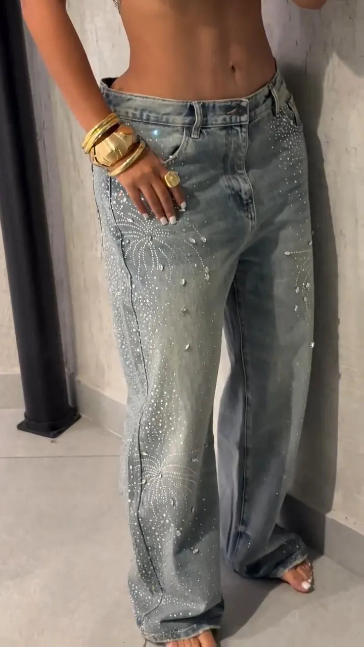 Women Fireworks Hot Stamping Rhinestone Water Washing Casual Jeans