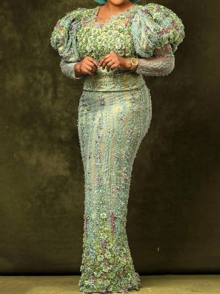 Fashion Applique See-Through Puff Long Sleeve Split-Joint Maxi Dress