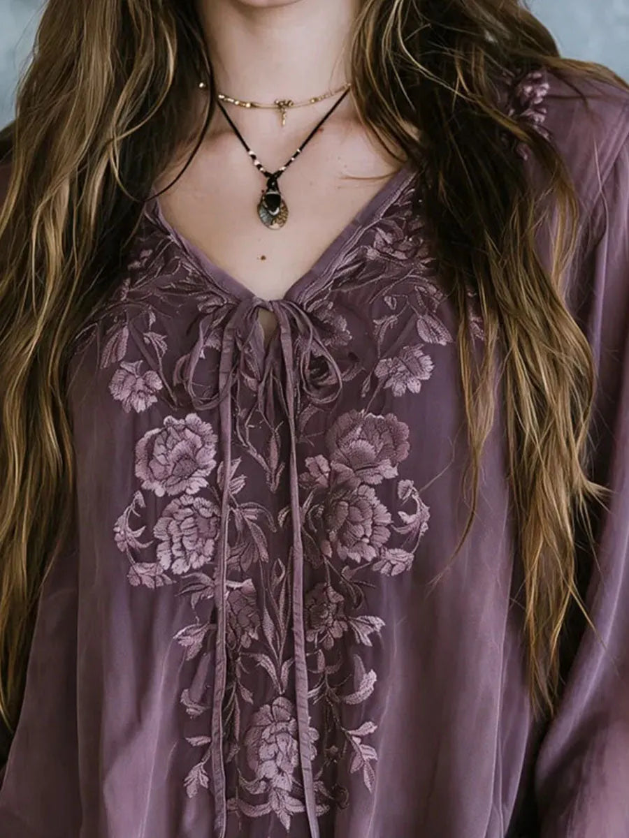 Boho Tie V Neck Dusty Mauve Floral Embroidered Blouse