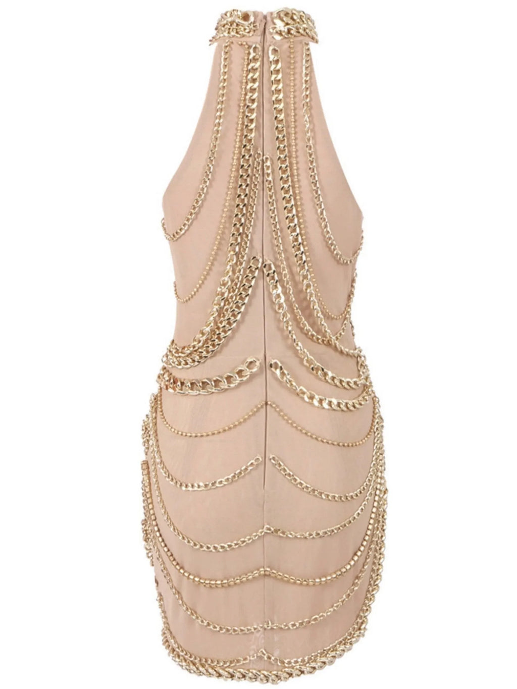 Chain-Embellished High-Neck Mini Dress in Nude