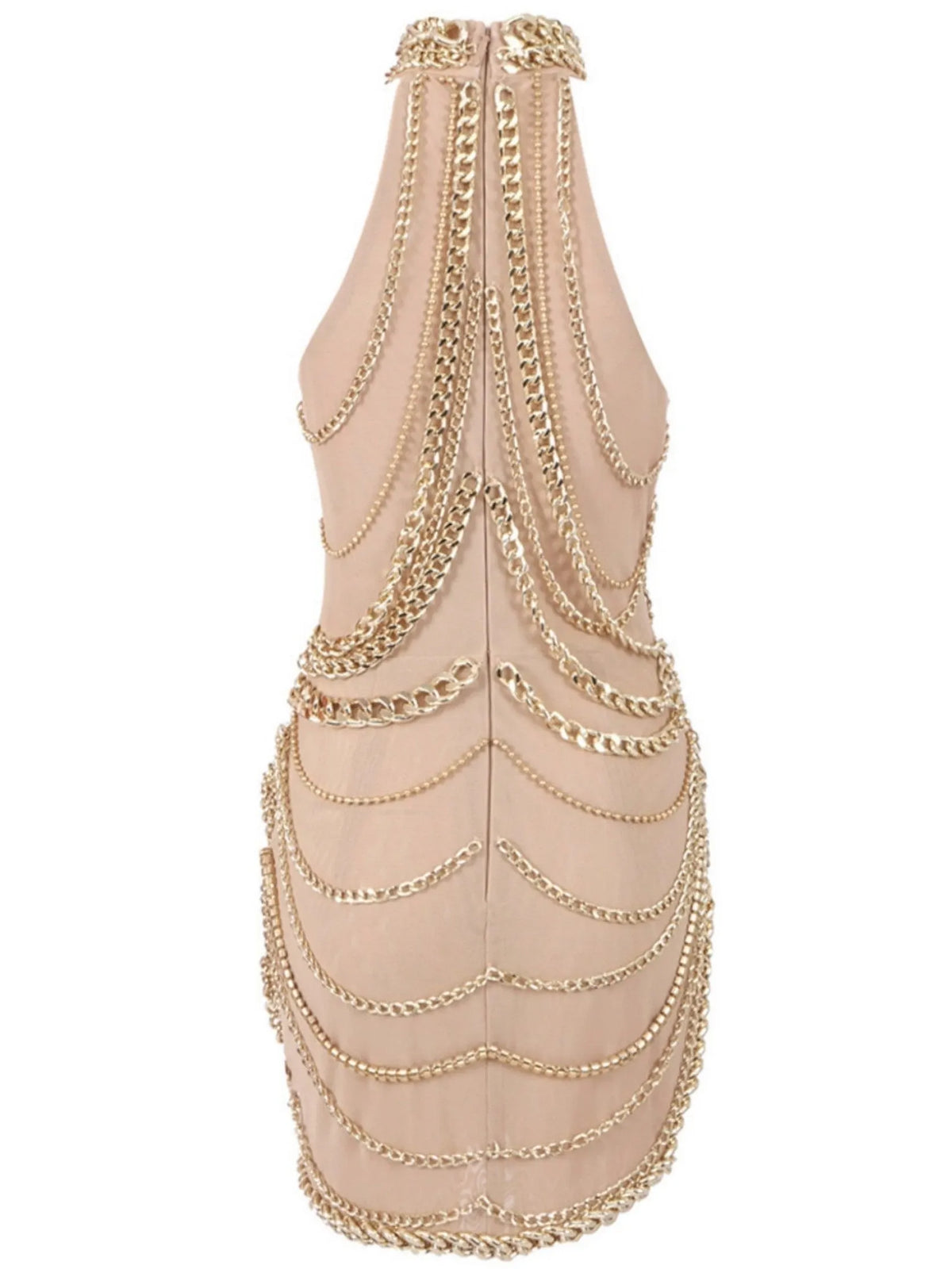 Chain-Embellished High-Neck Mini Dress in Nude