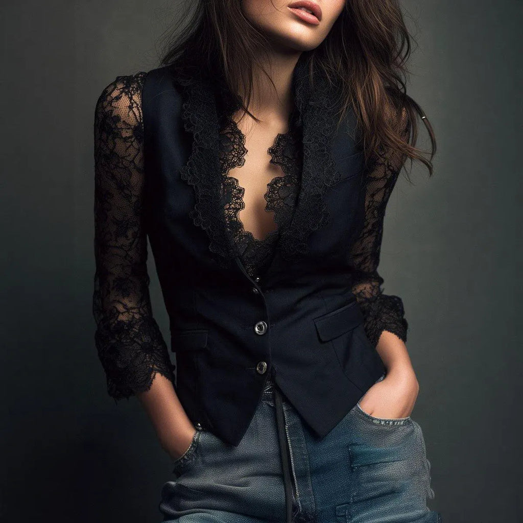 Lace Sleeve Black Satin Blazer For Women - Sexy V-Neck Formal Jacket With Elegant Design