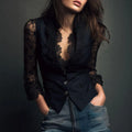 Lace Sleeve Black Satin Blazer For Women - Sexy V-Neck Formal Jacket With Elegant Design