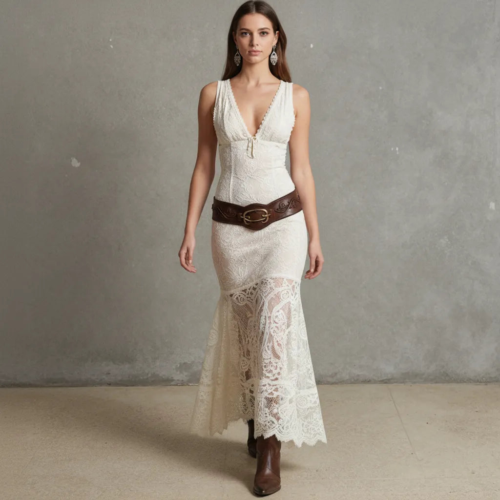 Retro White Lace V-Neck Strapless Maxi Dress Western Cowboy Style