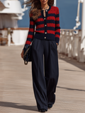 Vacation Retro Striped Knit Cardigan And Solid Color Wide-leg Pants Set