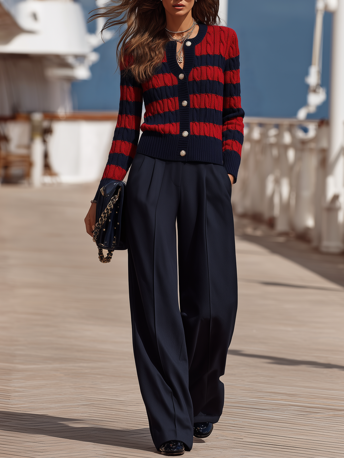 Vacation Retro Striped Knit Cardigan And Solid Color Wide-leg Pants Set
