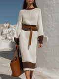 Ivory And Mocha Contrast-Stripe Belted Relaxed Long Sleeve Elegant Knit Midi Dress