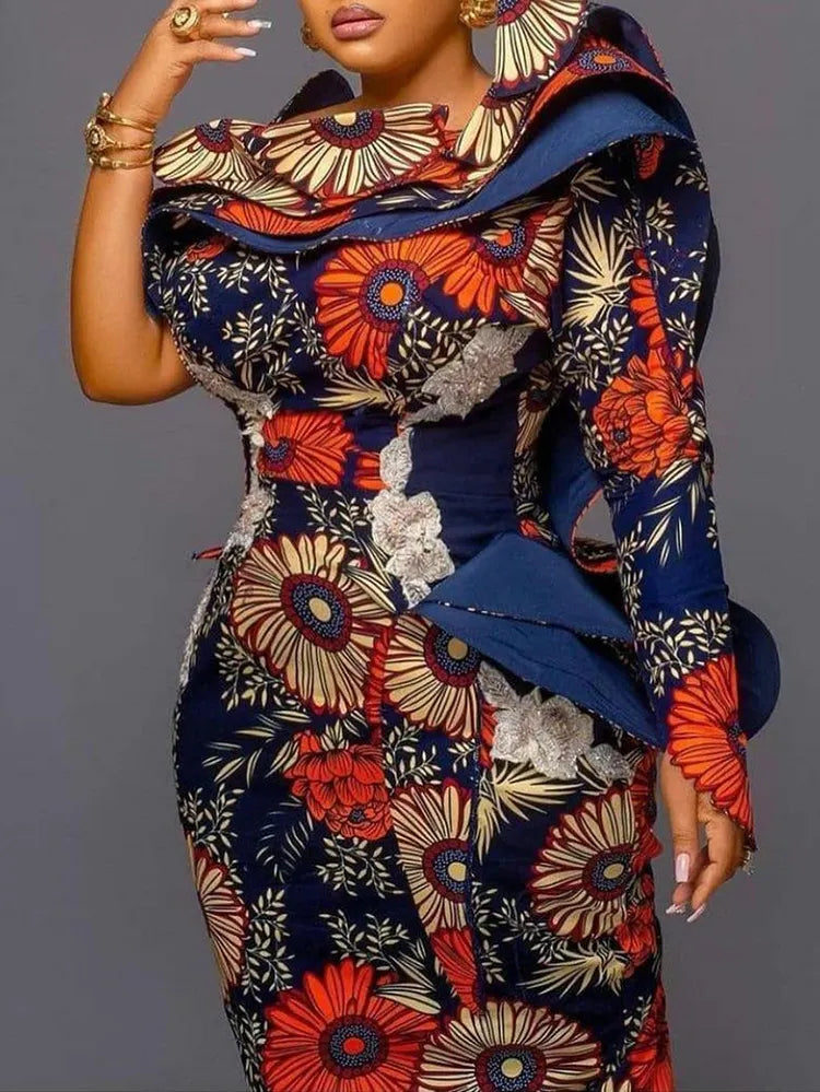 Round-Neck Floral Printed Asymmetric Falbala Maxi Dress
