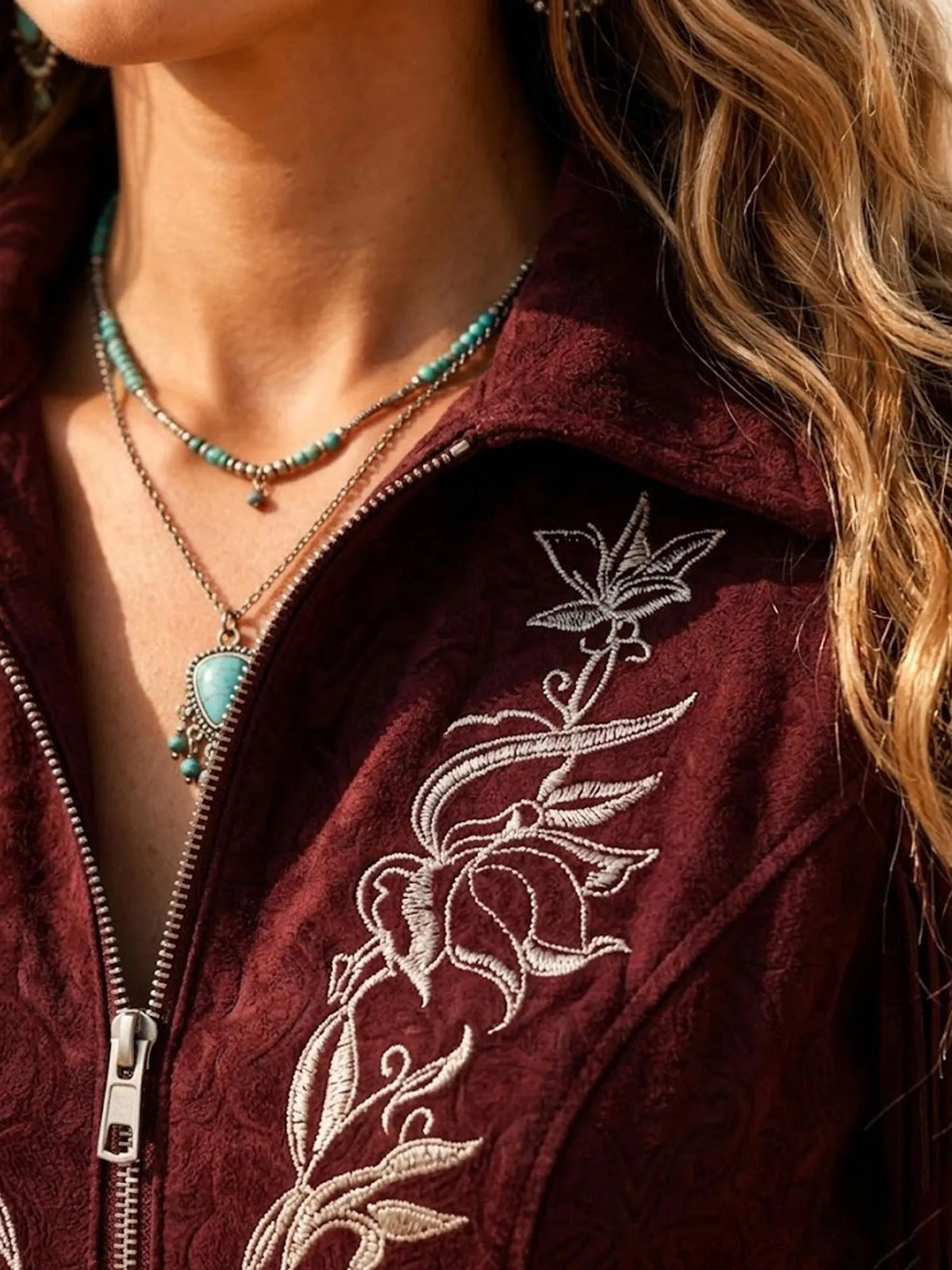 Ideal for 2026 Music Festivals Dress— Burgundy Vintage Embroidered Kinetic Fringe Suede-Feel Women's Slim-Fit Mini Dress