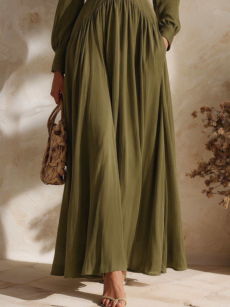 Resort-style V-neck Pleated Long-sleeved A-line Maxi Dress