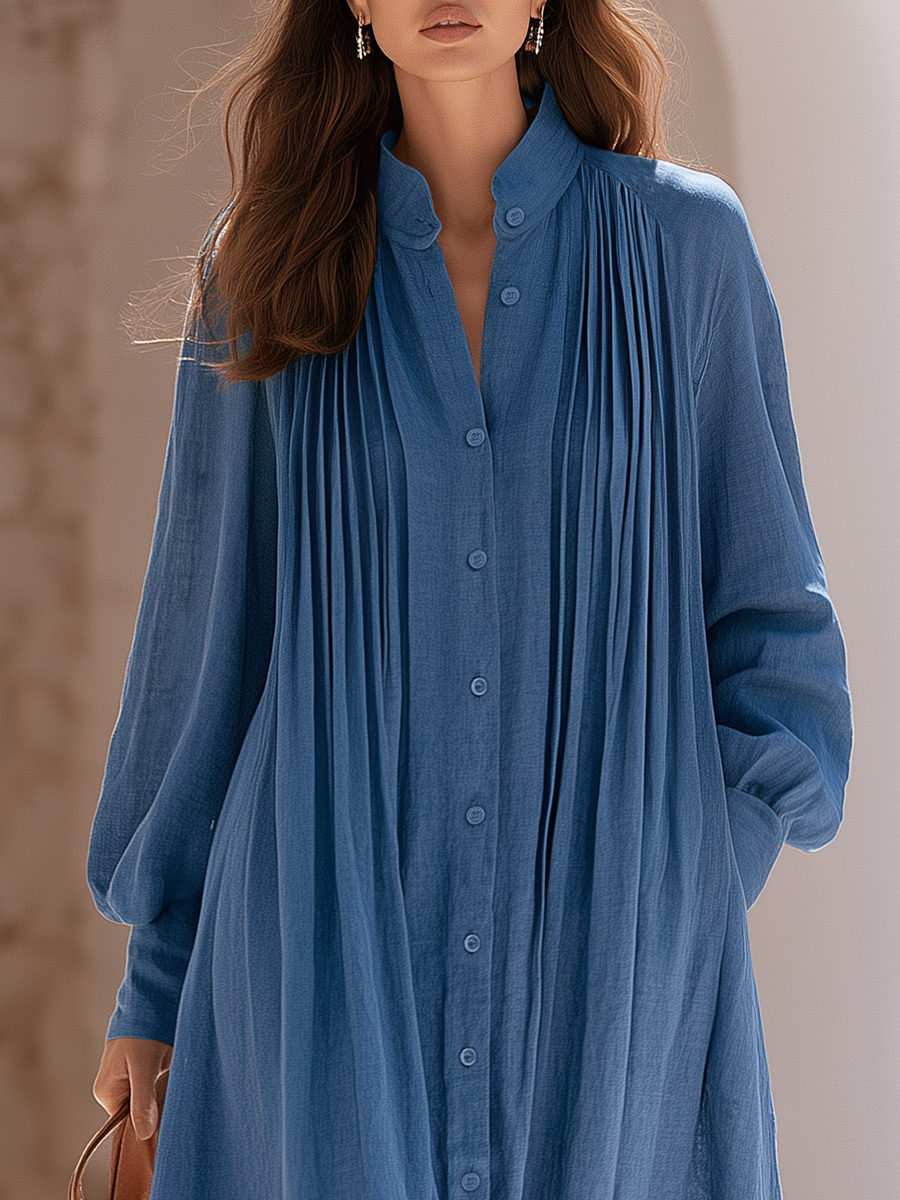 Old Money Style Pleated Blue Cotton Shirt Maxi Dress