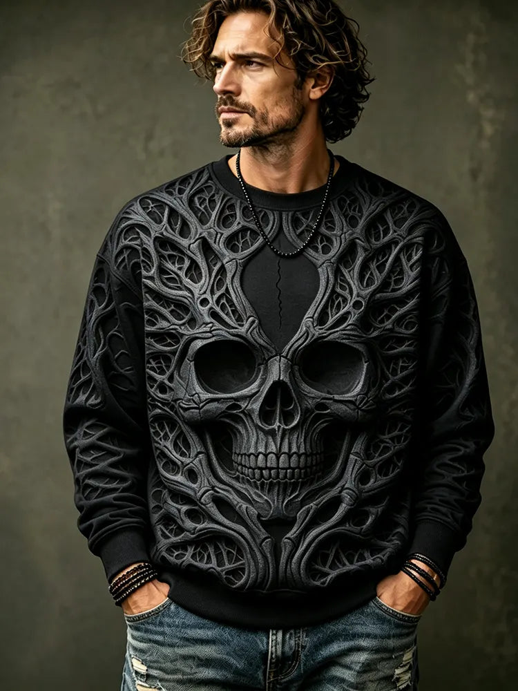 Men's Sweatshirt With 3d Textured Skull And Bone Vine Graphic Design