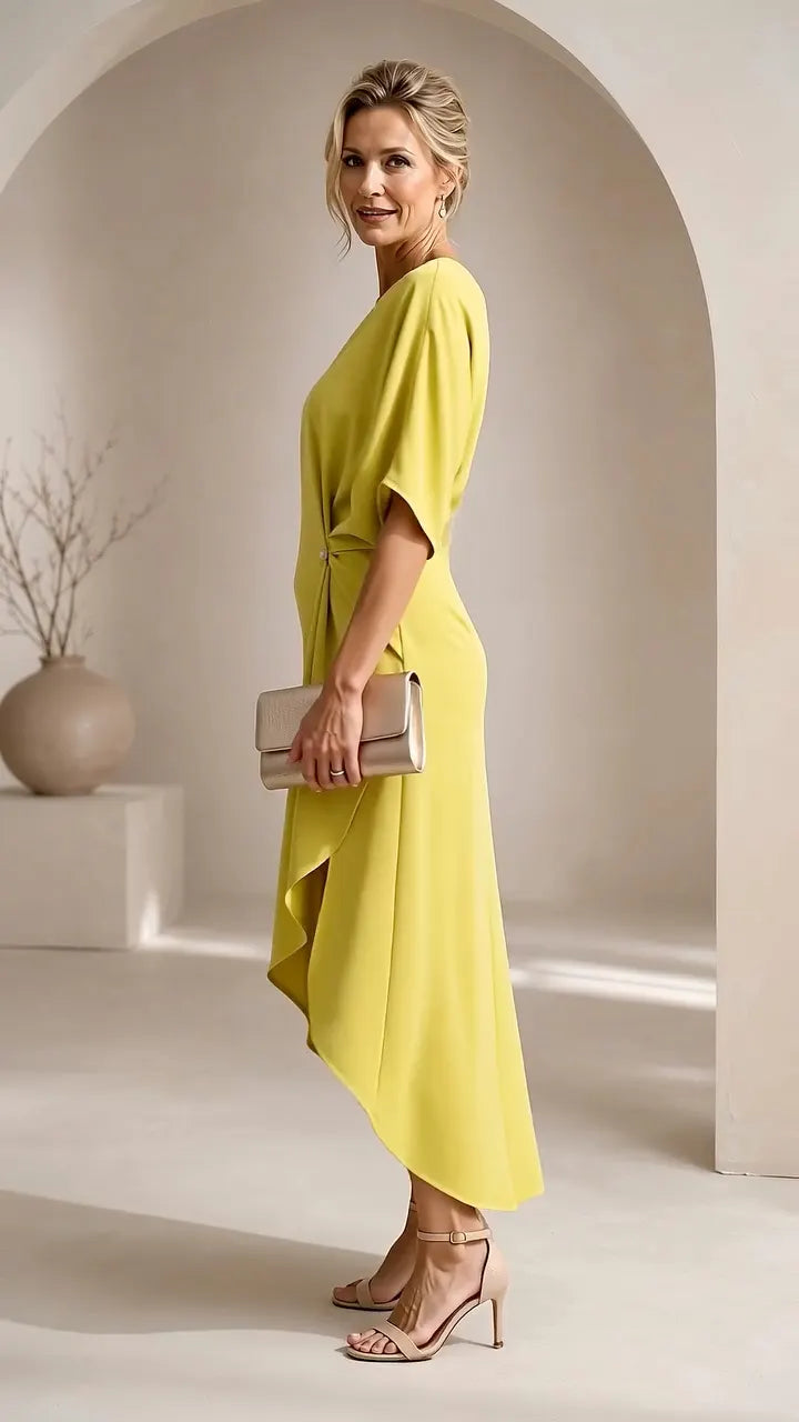 Yellow One‐Shoulder Asymmetrical Midi Dress
