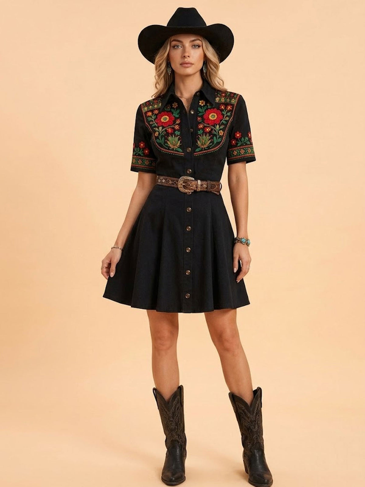 2026 S/S Dark Vintage Aesthetic — Black Heavy Floral Button-Down A-Line 100% Cotton Mini Dress
