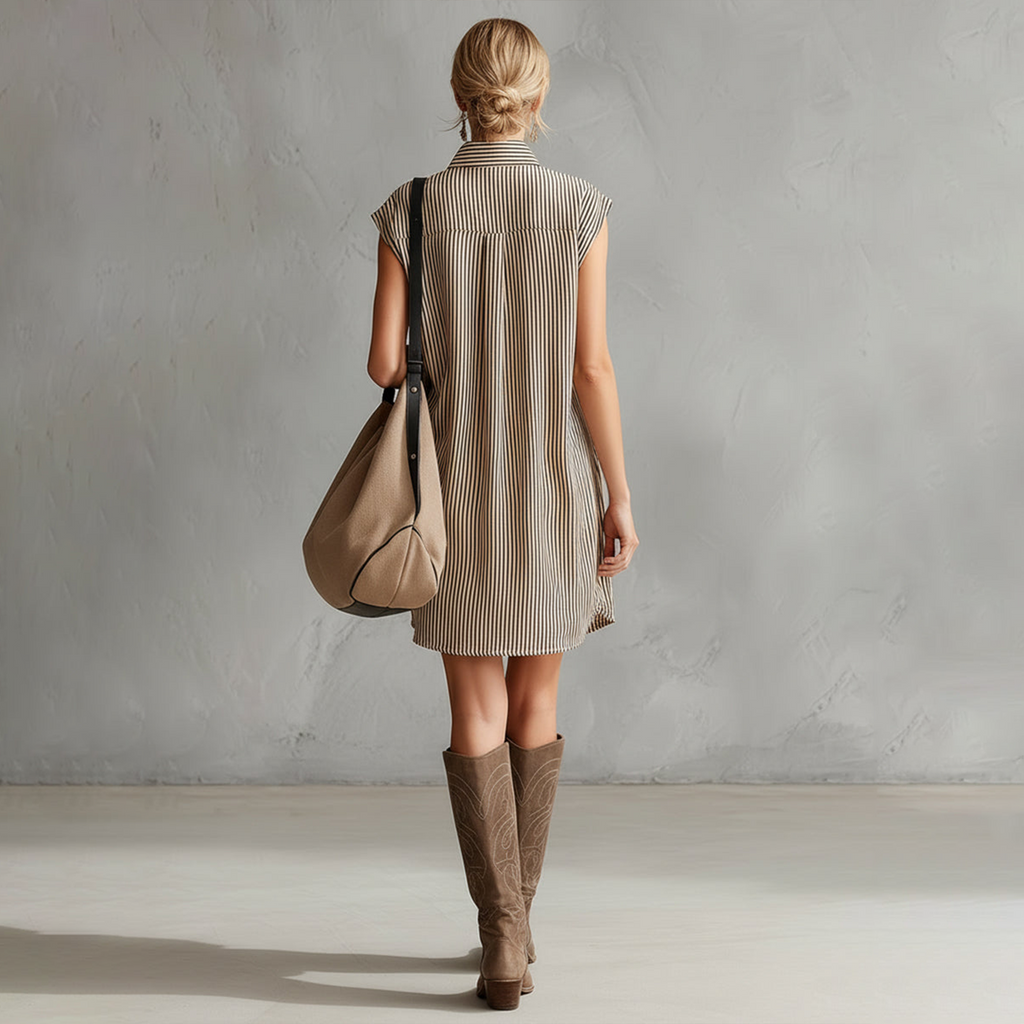 Spring Outfits Elegant Casual Khaki Striped Collared Button-Front Sleeveless Mini Dress