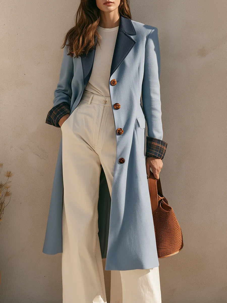 Casual Old Money Color-Block Collar Light Blue Mid-Length Coat