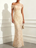 Beige Mesh Lace Asymmetrical Short Sleeve Mermaid Floor Length Dress