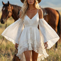 Spring Outfits Western Retro Linen Camisole Dress With Irregular Hem And Flared Long Sleeves