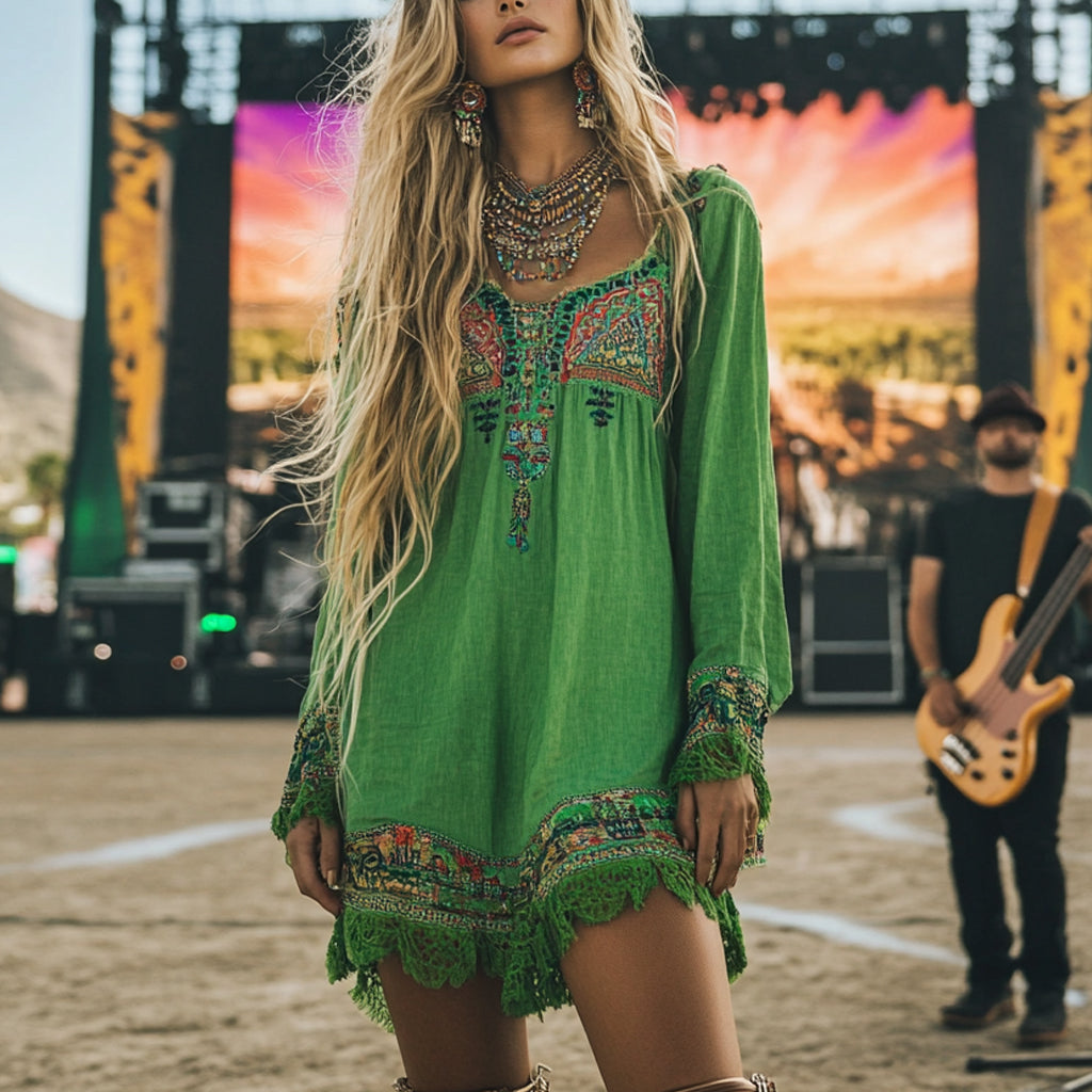 Music Festival Rock Party Carnival Vintage Wilderness Ethnic Bohemian Linen Dress