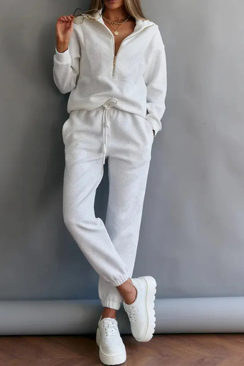Ladies Collar Zipper Top+ Pants Casual Set
