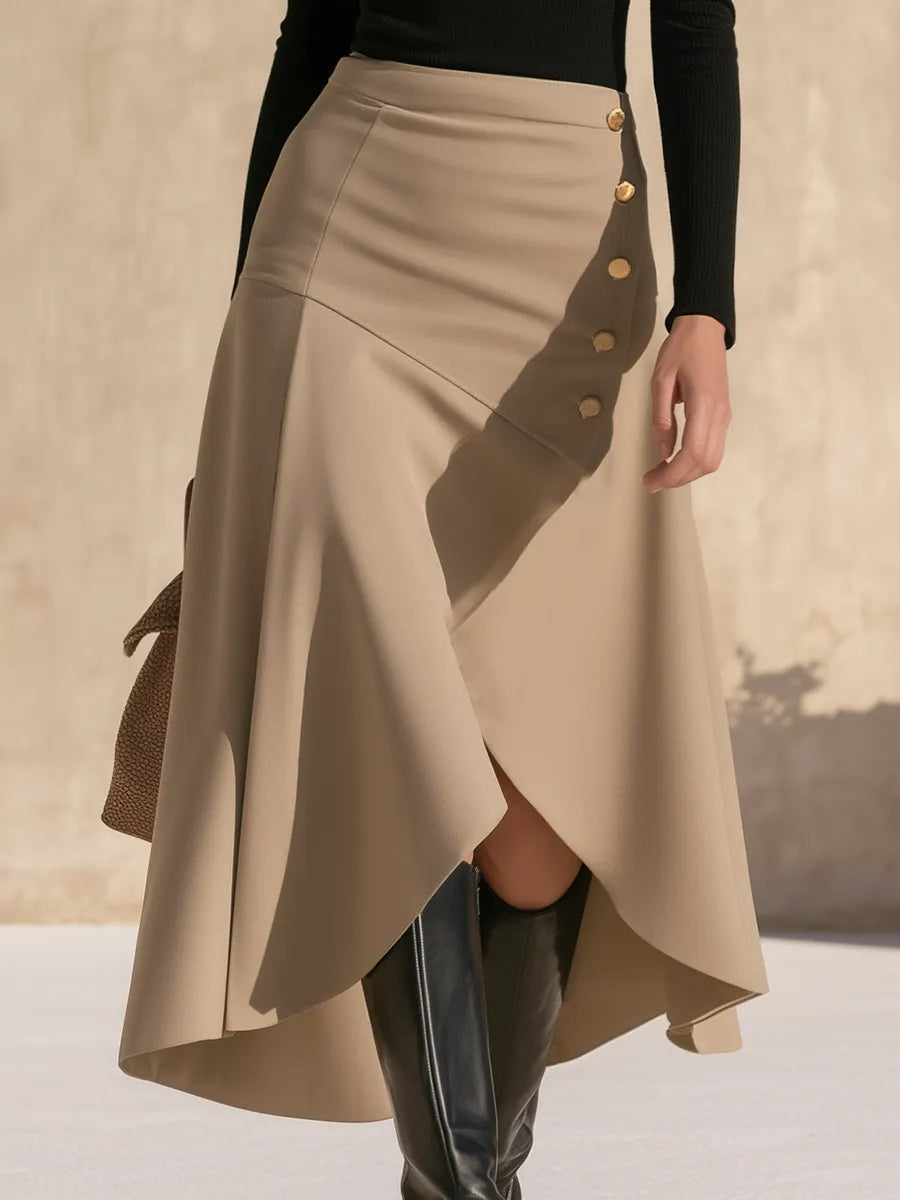 Classic One-shoulder Knit Top And Light Khaki Asymmetrical Hem Skirt Set