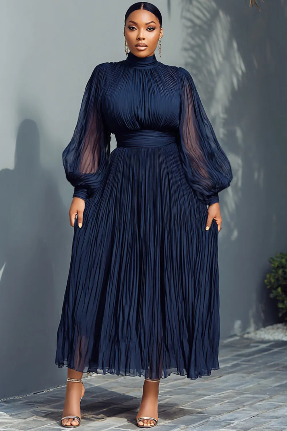 Navy Blue Mock Neck Lantern Sleeve Long Sleeve See Through Elegant Ruffled Midi Dresses