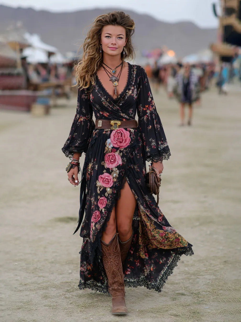 Chiffon Floral Boho Maxi Dress With Deep V-Neck And High Slit For Women