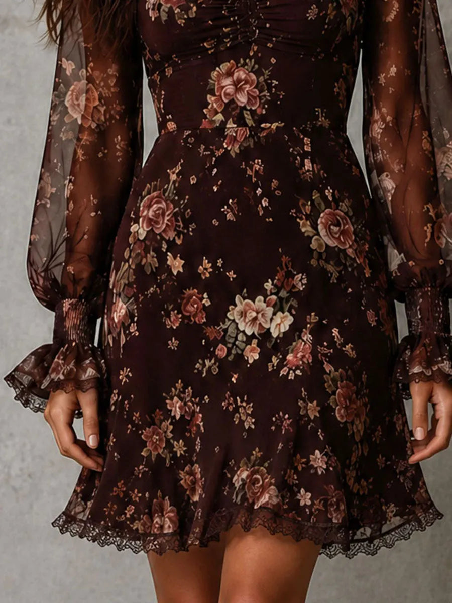 Boho Chocolate Floral Chiffon Lace Trim Square Neck Ruched Mini Dress