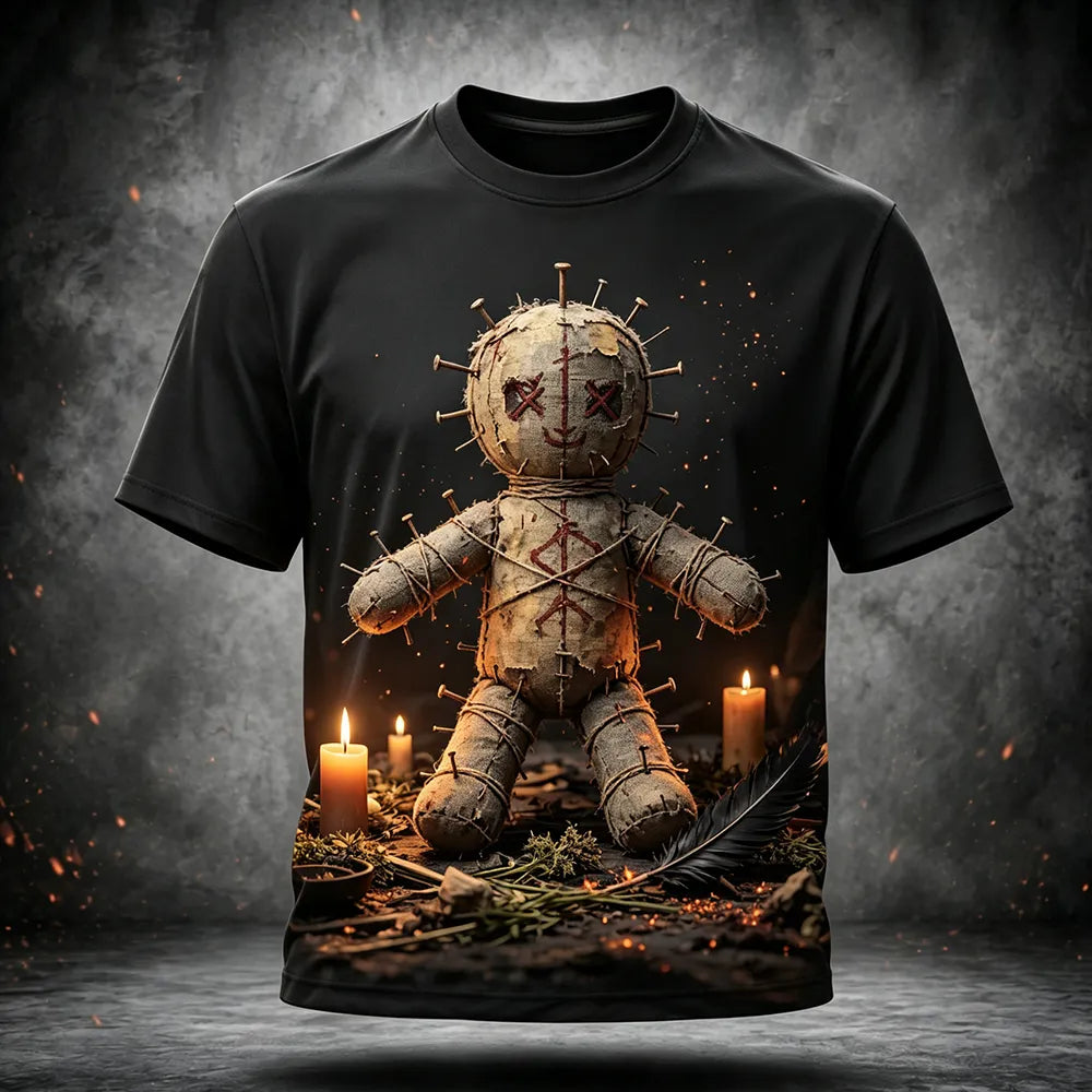 Men's T-shirt Featuring Voodoo Doll And Candle Design