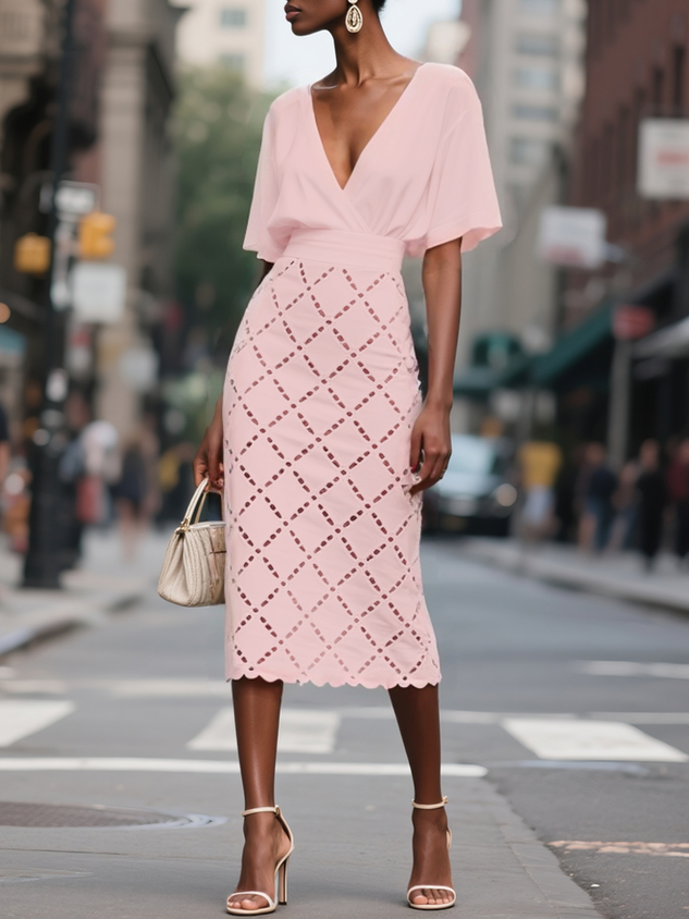White Hollow Out Plaid Classic V Neck Short Sleeve Sheath Midi Dress