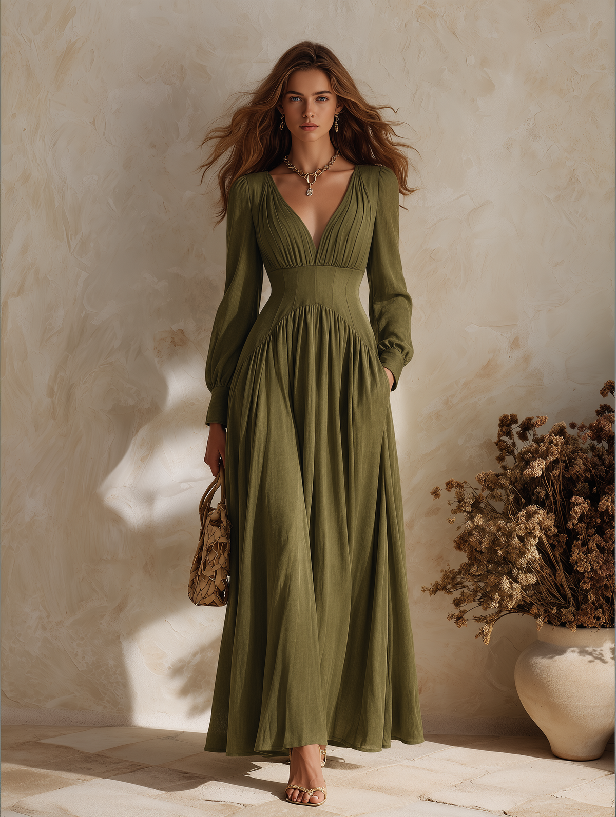 Resort-style V-neck Pleated Long-sleeved A-line Maxi Dress