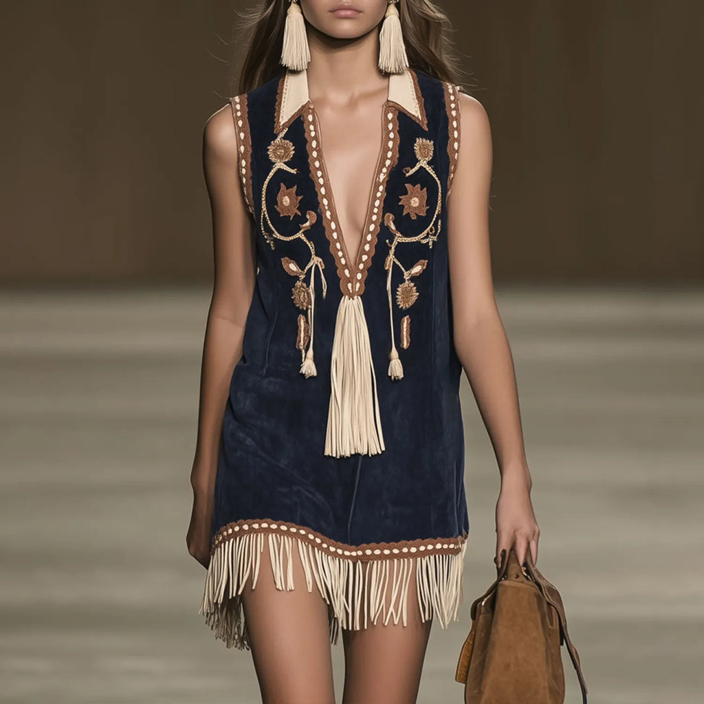 Western-inspired Faux Suede Bohemian Embroidered Fringed Sleeveless Mini Dress