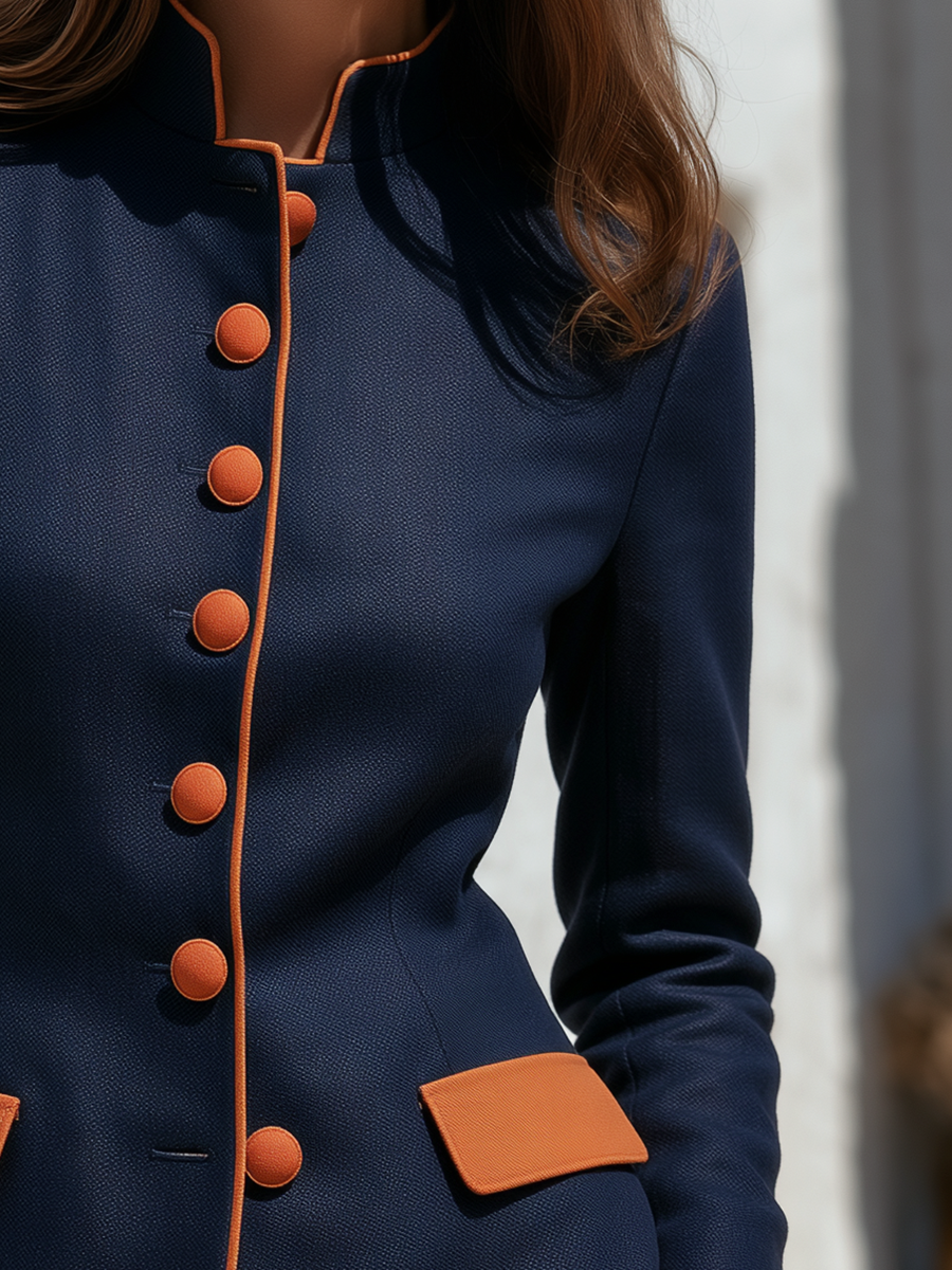 Navy And Orange Contrast Piping Stand Collar Single-Breasted Nipped-Waist Retro Military Style Jacket