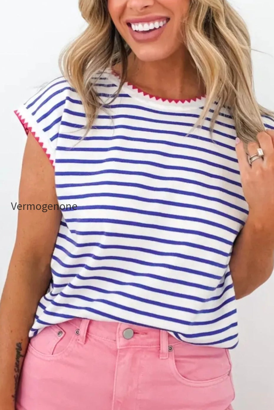 stripe-contrast-trim-round-neck-cap-sleeve-tee