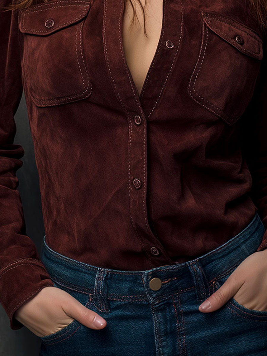 Chestnut Brown Eco Suede Western Shirt With Pockets