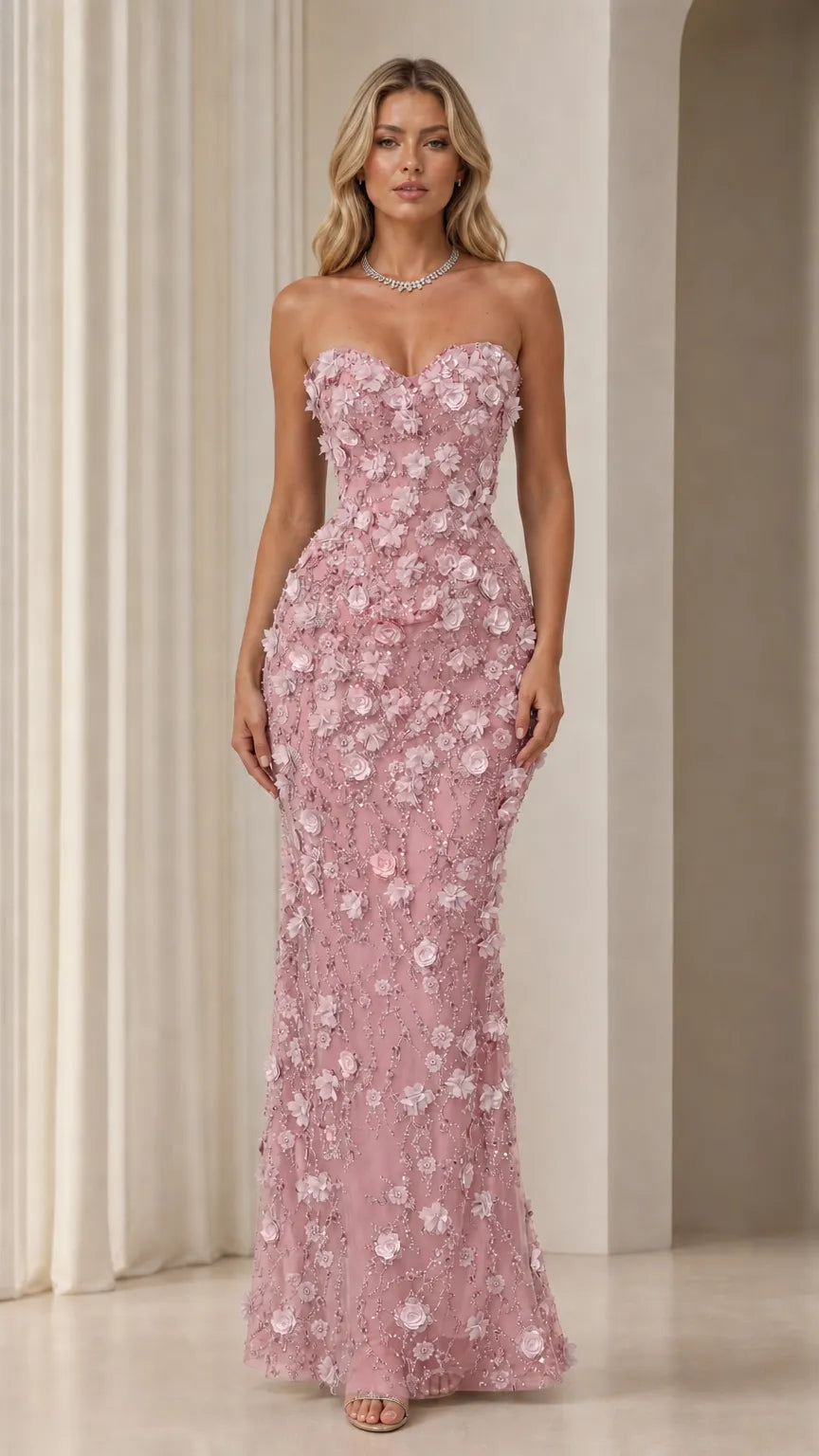 Strapless 3D Floral Applique Sequin Tulle Evening Gown
