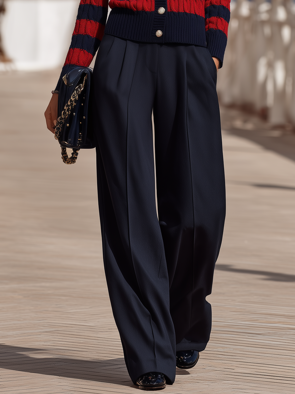 Vacation Retro Striped Knit Cardigan And Solid Color Wide-leg Pants Set