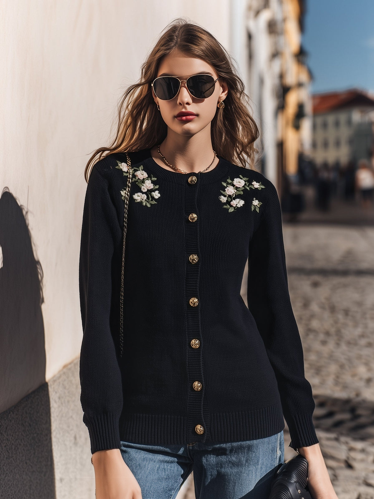 Vintage Romantic Black Floral Embroidery Gold Button Knit Cardigan