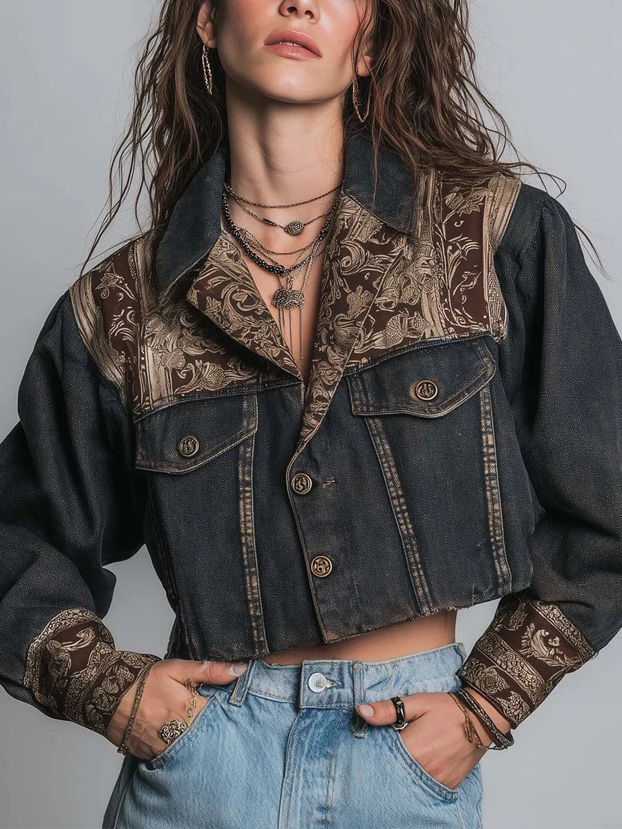 Cropped Vintage Black Denim With Brown Golden Baroque Print Woven Contrast Yoke And Cuff Jacket