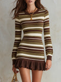 Resort-style Round Neck Striped Long-sleeved Ruffle Mini Dress