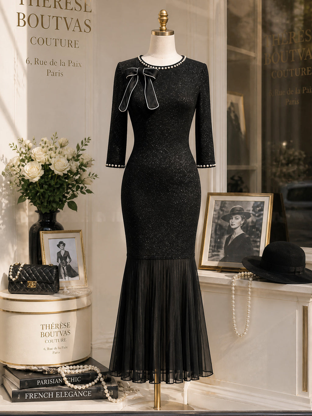 Vintage Black Glitter Bow-Neck Pleated Fishtail Knit Dress