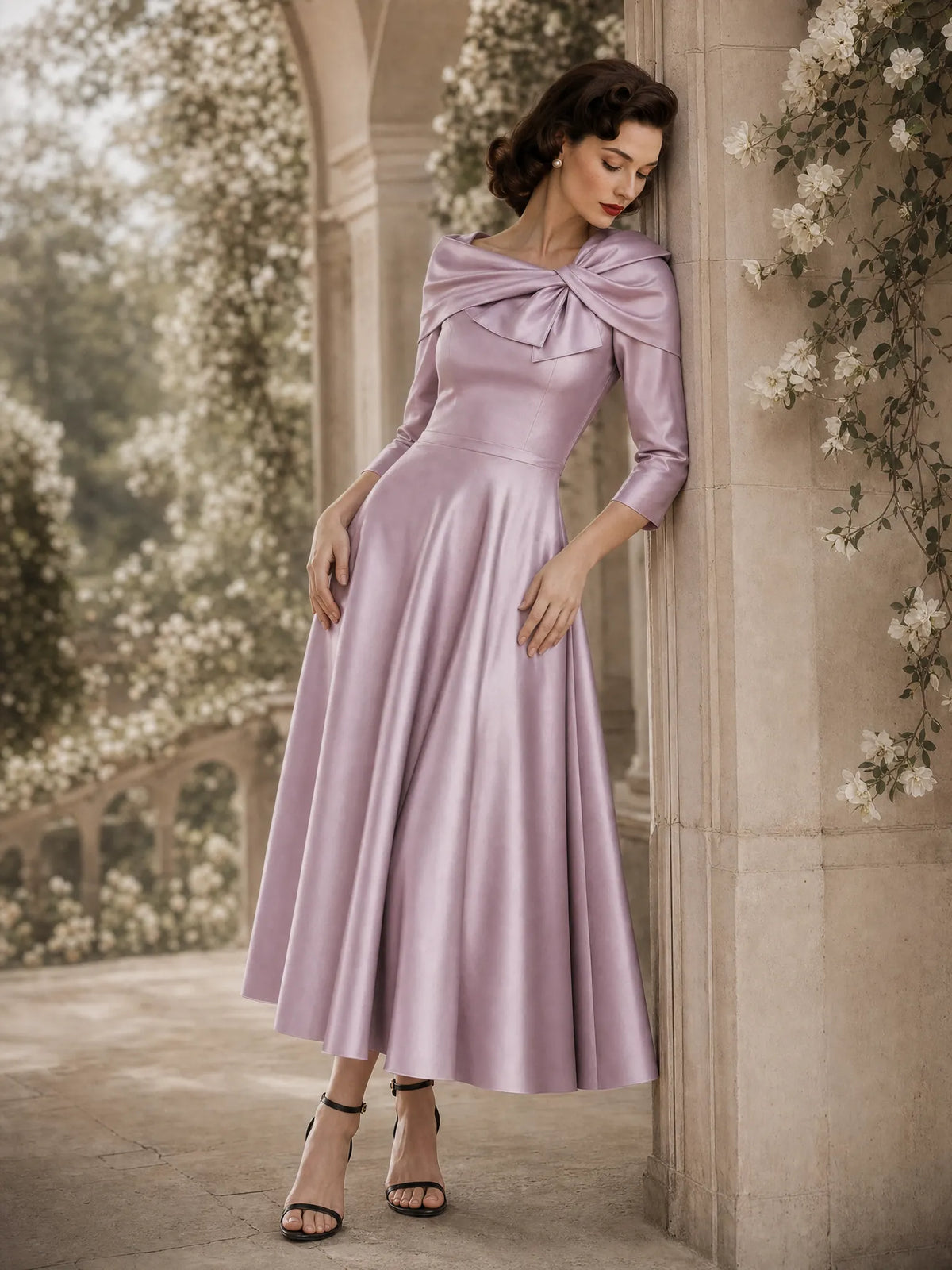 Vintage Bow Collar Gown Maxi Dress